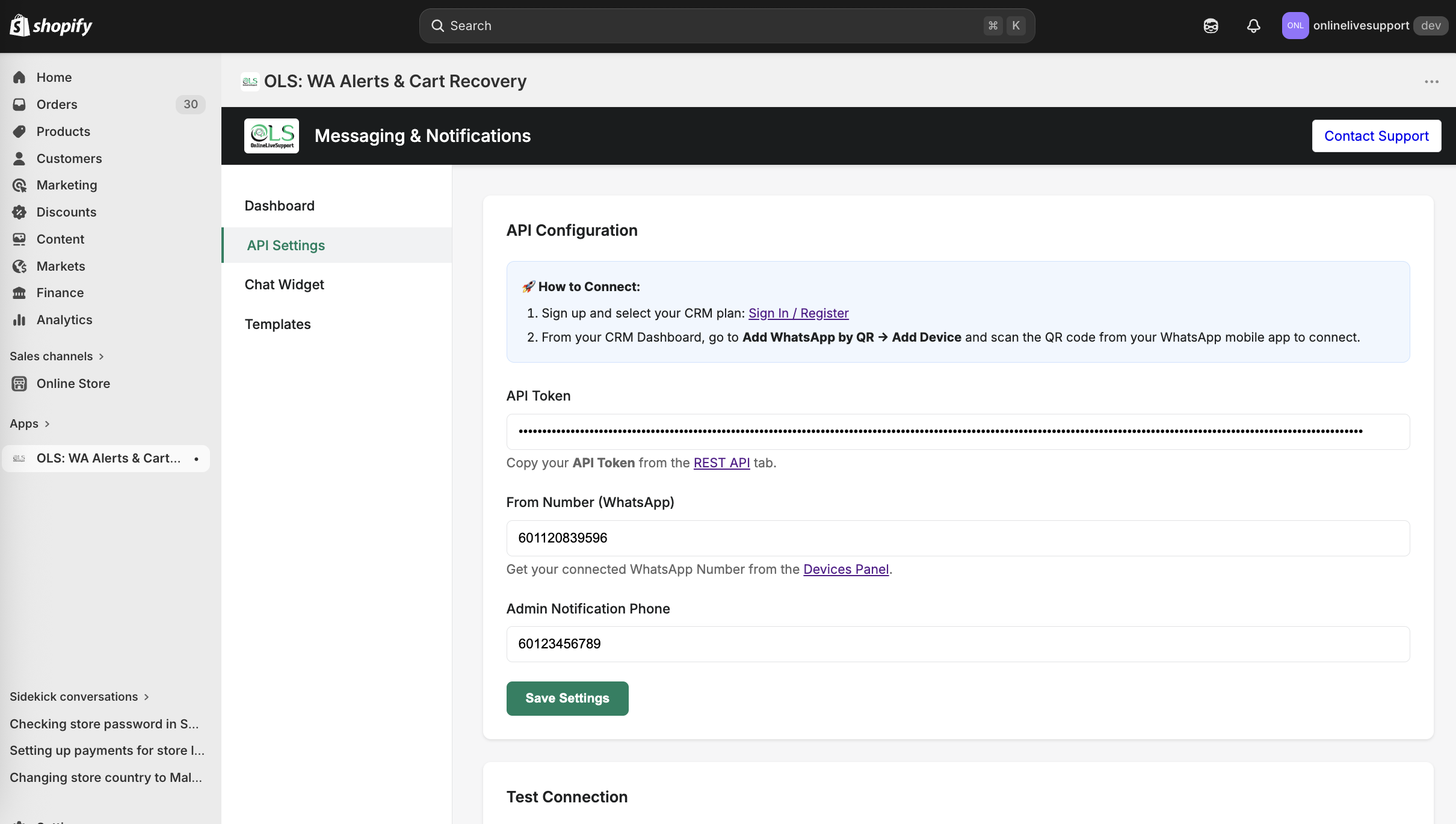 Shopify WhatsApp API and QR Settings