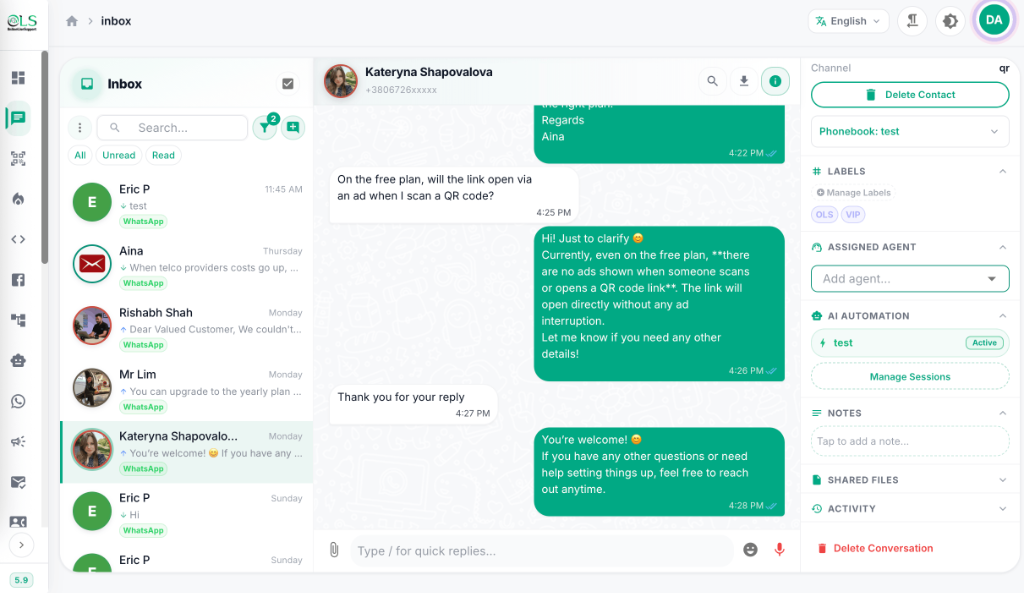OnlineLiveSupport Unified WhatsApp Inbox Dashboard