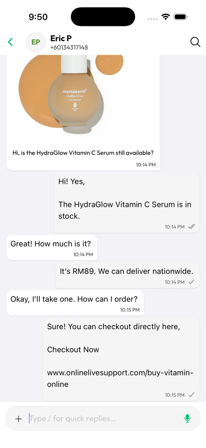 Customer conversation and checkout link inside the OnlineLiveSupport app