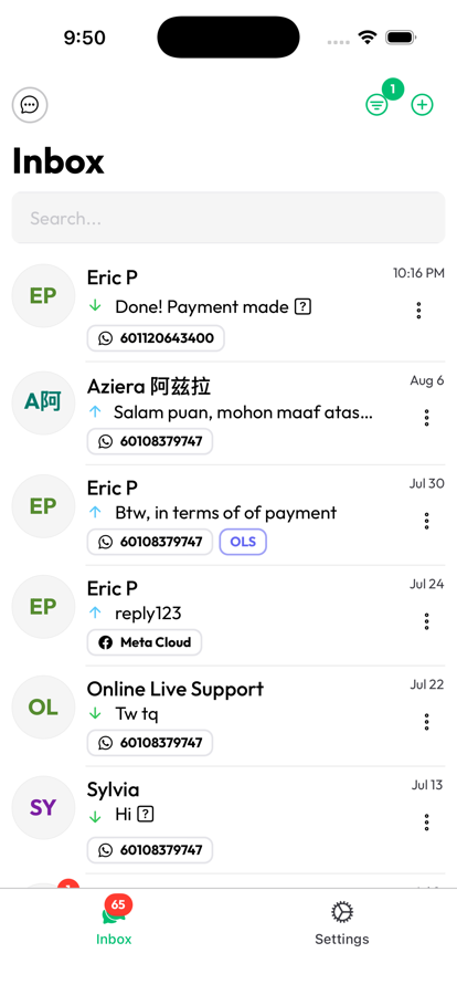 OnlineLiveSupport WhatsApp CRM app shared inbox screen