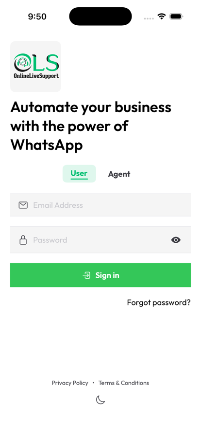 OnlineLiveSupport WhatsApp CRM app sign in screen