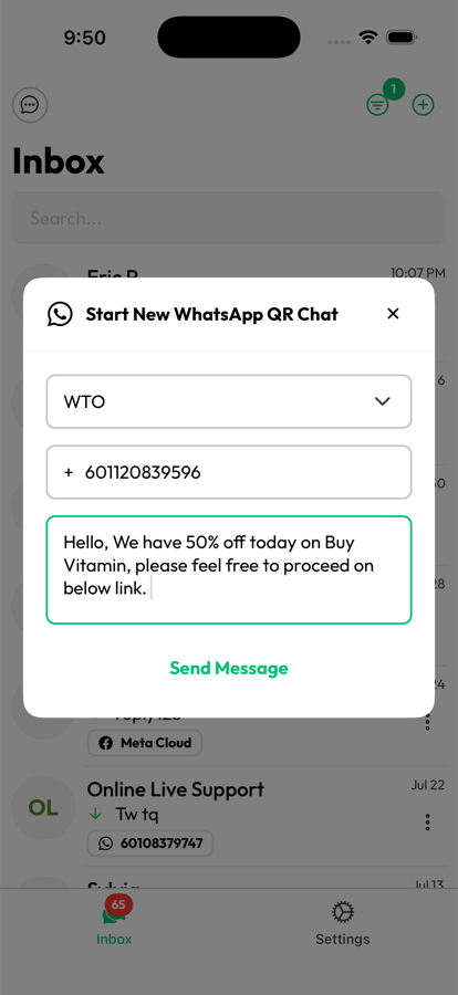 Start a new WhatsApp conversation in the OnlineLiveSupport app