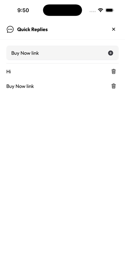 Quick Replies screen in the OnlineLiveSupport WhatsApp CRM app