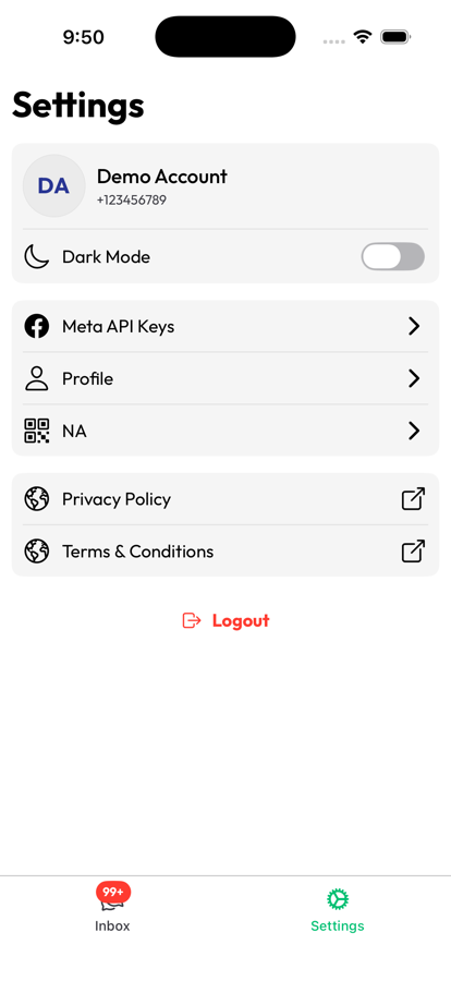 Account settings in the OnlineLiveSupport WhatsApp CRM app