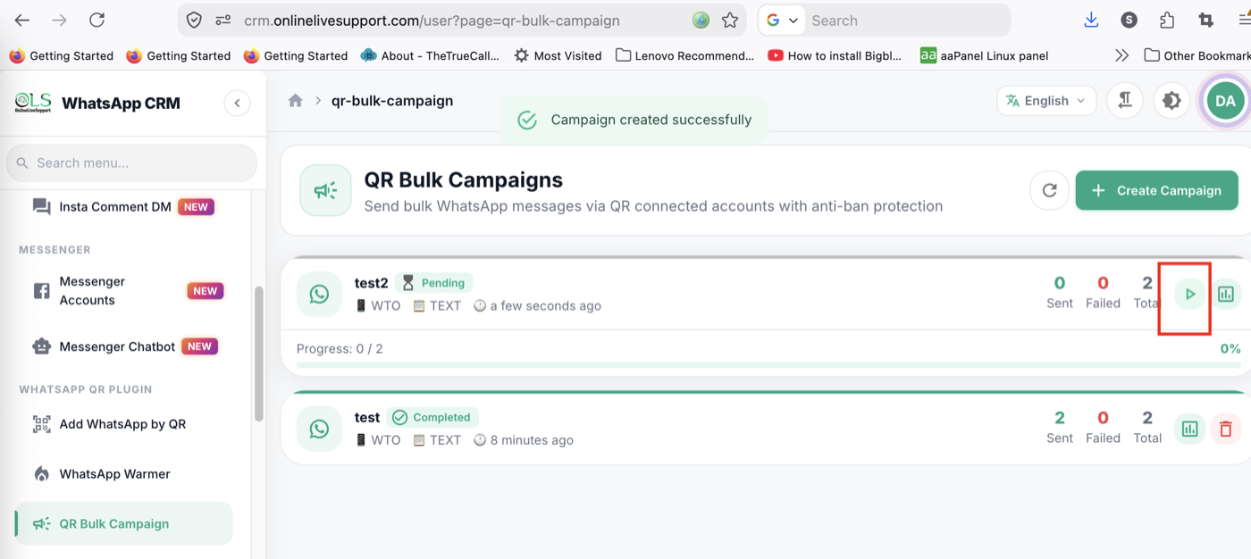 QR Bulk Campaign dashboard showing sent WhatsApp campaigns