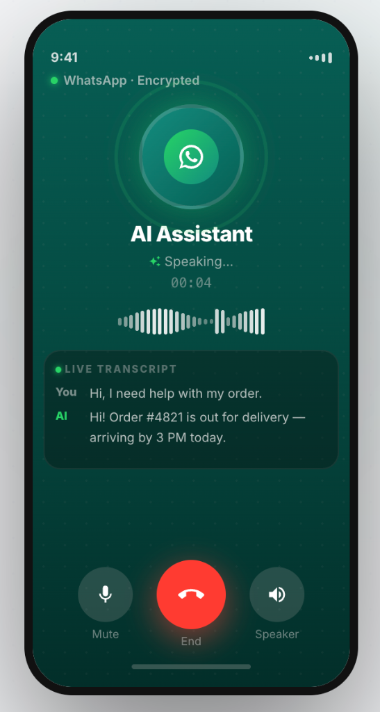 AI WhatsApp Calling Voice Assistant Live Transcript Mockup