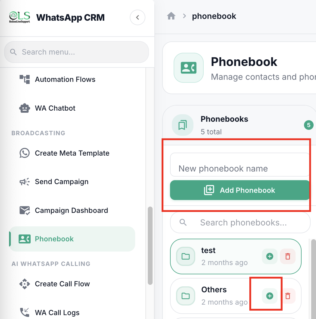 Create a phonebook and import contacts in OnlineLiveSupport